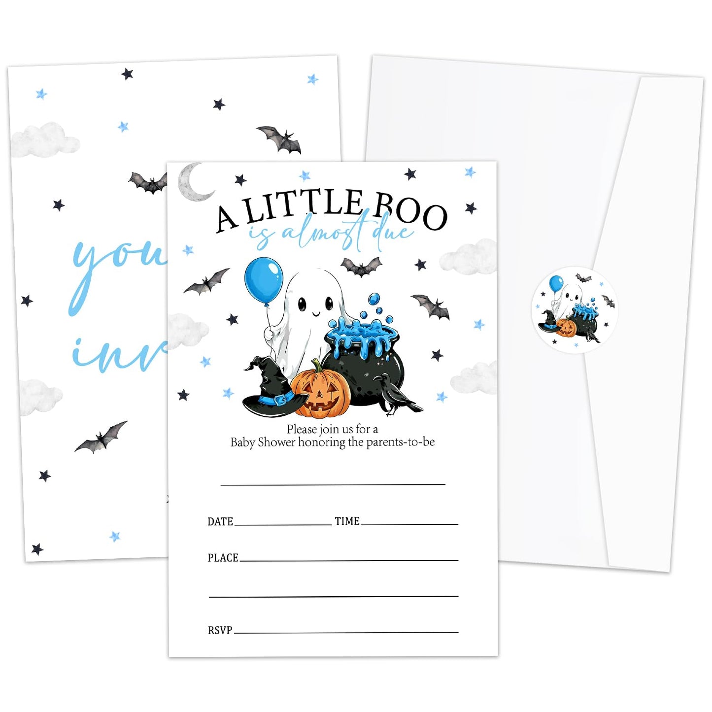Smenudlli Blue A Little Boo Baby Shower Invitation, Halloween Invites Cards with Envelopes and Sticker (20 Pack), Cute Ghost Gender Reveal Party Decorations Supplies /22