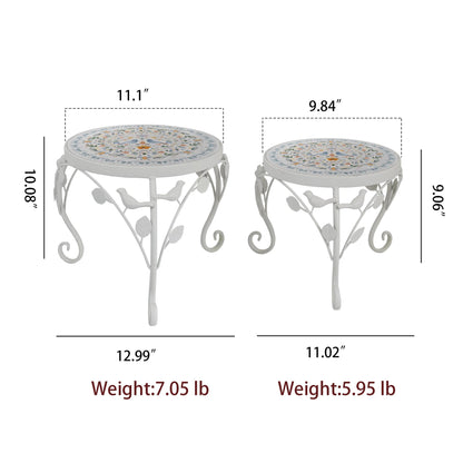 Rustic Metal Plant Stand Set of 2 Indoor & Outdoor Round Ceramic Top Mosaic Planter Pot Stand Low Heavy Duty Flower Holder Rack for Garden Patio Living Room Farmhouse Accessory Decor Gift White Flower Bird