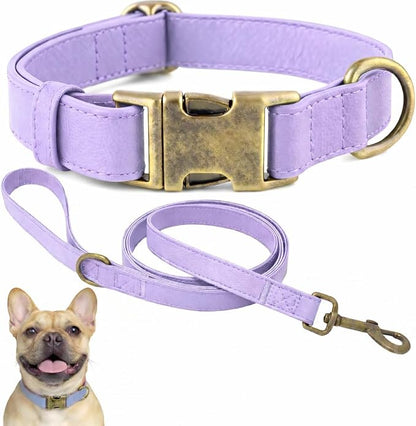 Silicone Dog Collar and Leash Set, Waterproof & Odor-Proof Puppy Collar for Small Dogs, Soft Flexible Leather-Look Dog Collars, Durable Thick Adjustable Pet Collar (Purple, Medium (12.5-20" Neck))