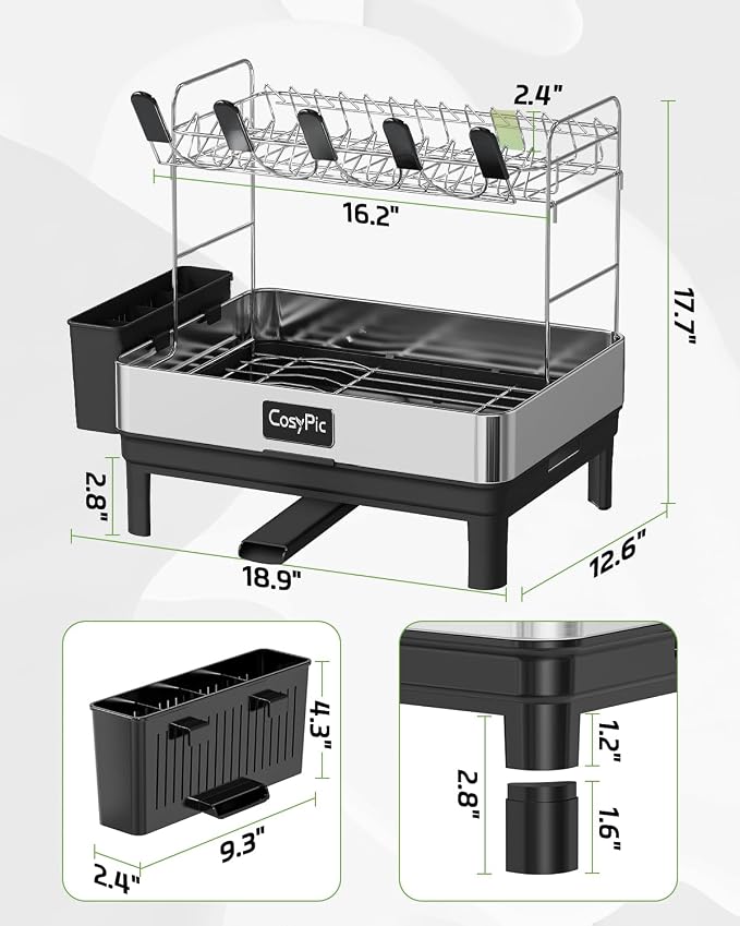 2 Tier Dish Drying Rack, Thicker Premium 304 Stainless Steel Dish Racks for Kitchen Counter, Automatic Drainage Spout, Dish Drainer & Drainboard Set with Utensil Holder and Cup Holder, Black