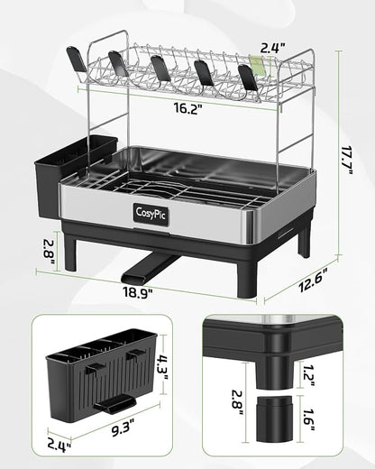 2 Tier Dish Drying Rack, Thicker Premium 304 Stainless Steel Dish Racks for Kitchen Counter, Automatic Drainage Spout, Dish Drainer & Drainboard Set with Utensil Holder and Cup Holder, Black
