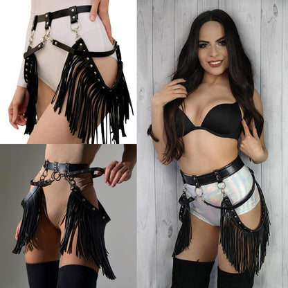 Women Punk Tassel Belt Leather Body Harness Waist Chain Gothic Caged Belt Rave Party Nightclub Costume