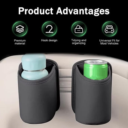 Heyzidu 2 PCS Leather Car Cup Holder, Spill-resistant Headrest Cup Organizer, Door Side Multi-functional Hooks Storage Bag for Water Bottles Phones Keys, Universal for Most Vehicles (Black)