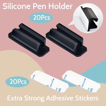 20 Pack Adhesive Silicone Pen Holders, Black Stick-On Pencil & Marker Clips