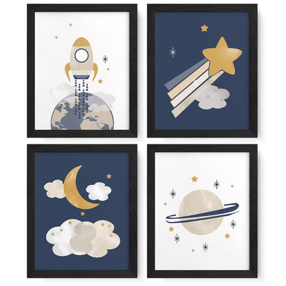 JXREQ Space Nursery Decor for Kids Boys Toddler Room Playroom Nursery Classroom Space Posters Wall Art Prints Set of 4, Cute Wall Decor for Kid Baby Boy Bedroom, 8x10 Inch Unframed