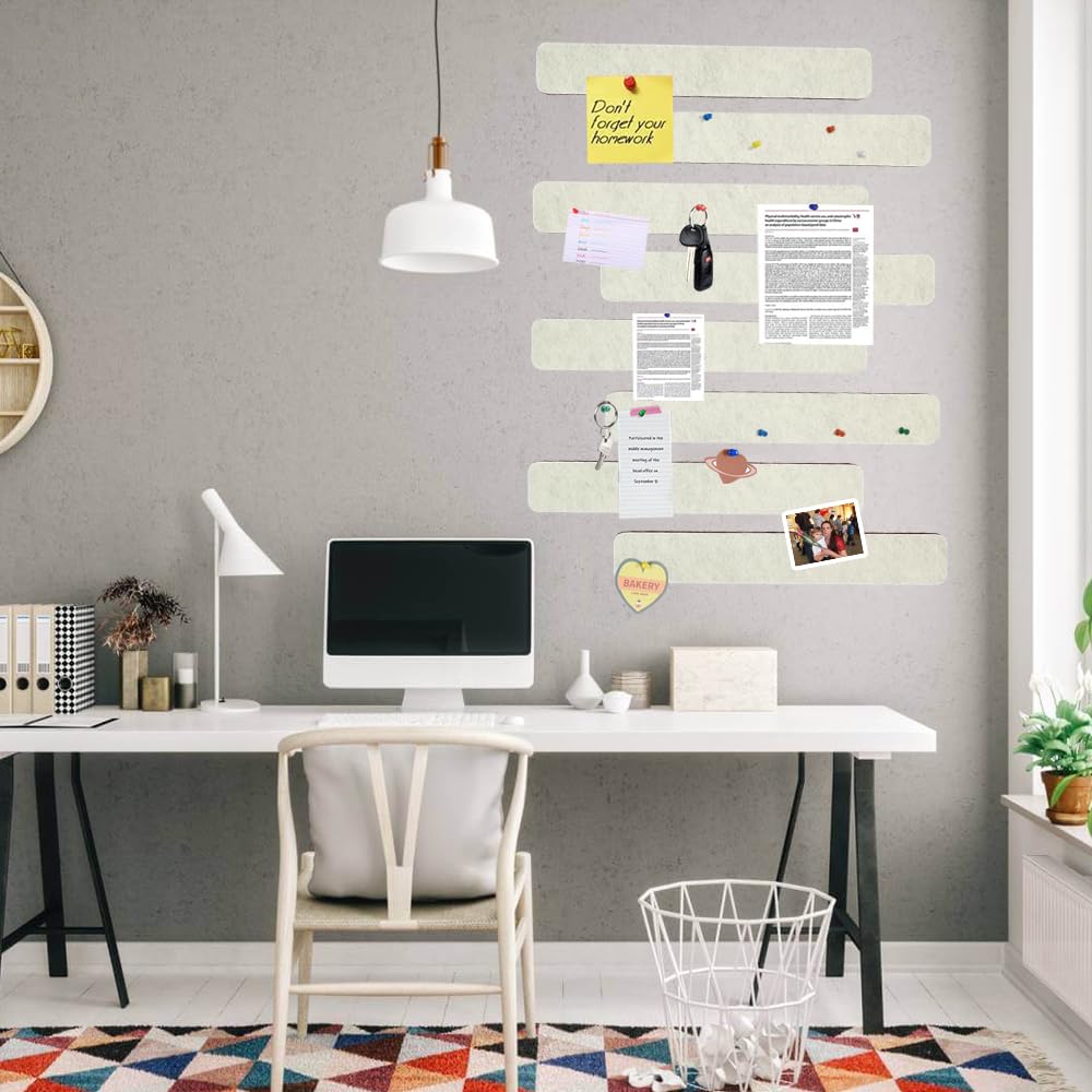 Vuzvuv 8 pcs Bulletin Board Bar Strips with 50 Pushpins & 10 Wooden Clip pins，Self Adhesive Cork Board for Wall，Felt Pin Board for School，Office Decor(Cream White)