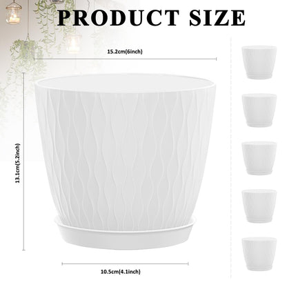 KAHEAUM 5 Pack 6 inch Planters for Outdoor Plants Indoor Plant Pots with Drainage Holes and Saucers, Modern Plastic Flower Pots for Plants Succulent Holiday Office House Home Decor Garden Pots White