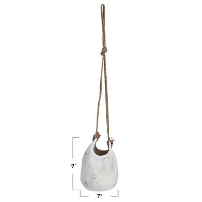 Creative Co-Op Hanging Stoneware Planter with Jute Rope Hanger and Distressed Volcano Finish, White