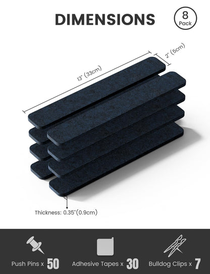 Fluxynara Cork Board Alternative Felt Strip Board 8-Pack 13"x2", Office Pin Board with 50 Push Pins, Adhesive Install for Bedroom Door & Home Office (Midnight Blue)