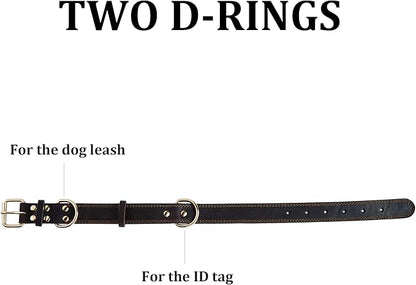 Genuine Leather Dog Collar, Heavy Duty Wide Dog Collar for Small, Medium, Large and Extra Large Dog (M: 1" Wide for 15.2"-19.2" Neck, Dual Stitch - Black)