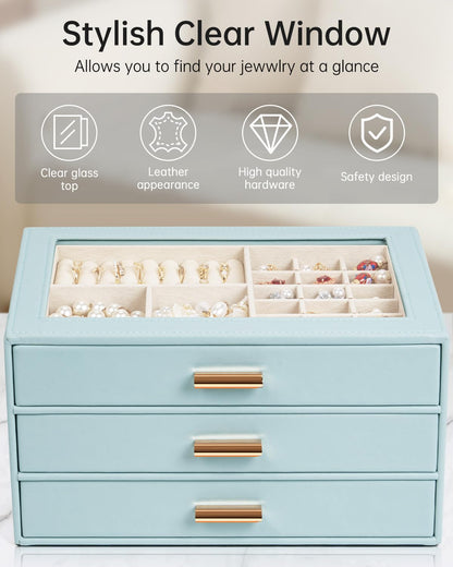 AKOZLIN Jewelry Box with Clear Lid Functional Leather Jewelry Storage Organizer Case 3 Drawers for Women Girls Necklace Ring Bracelet Earring