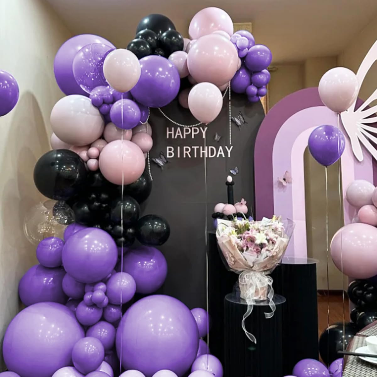 MOXMAY Purple and Black Balloons Garland Arch Kit, 151Pcs Latex Balloons Different Sizes 18 12 10 5 inch for Birthday, Graduation, Baby Shower, Wedding, Retirement, Halloween Party Decoration
