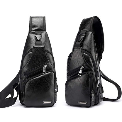 Peicees Leather Sling Bag Mens Crossbody Chest Bag Sling Backpack with USB Charge Port