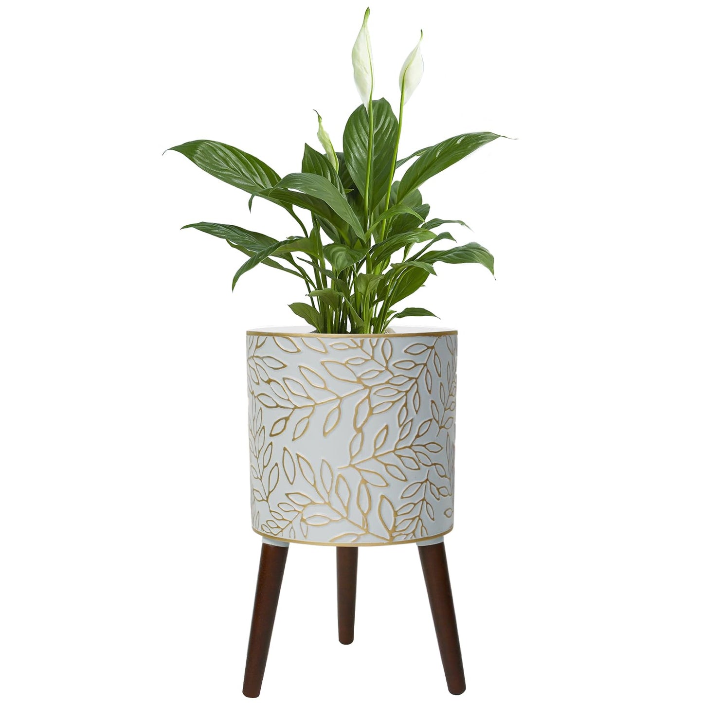 Opnons 12inch Plant Pots with Wood Planter Holder Indoor Flower Pot with Gold Floral Embossed Modern Planters with Drainage Holes for Living Room, Office, Garden or Balcony