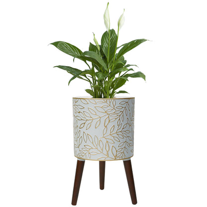 Opnons 12inch Plant Pots with Wood Planter Holder Indoor Flower Pot with Gold Floral Embossed Modern Planters with Drainage Holes for Living Room, Office, Garden or Balcony