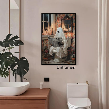 Venphude Ghost Bathroom Canvas Wall Art, Cute Ghost Reading Ghostly News on Toilet Poster, Pink Flowers Romantic Dark Academia Halloween Print, Gothic Spooky Wall Decor for Restroom 12x16in Unframed
