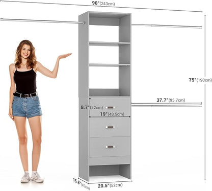 Besiost 96'' Closet Organizer System with 3 Hanging Rods, 8FT Closet Organizers and Storage with 3 Wooden Drawers, Built in Closet Organizer Systems, Adjustable Walk-in Wardrobe from 5-8FT, Grey