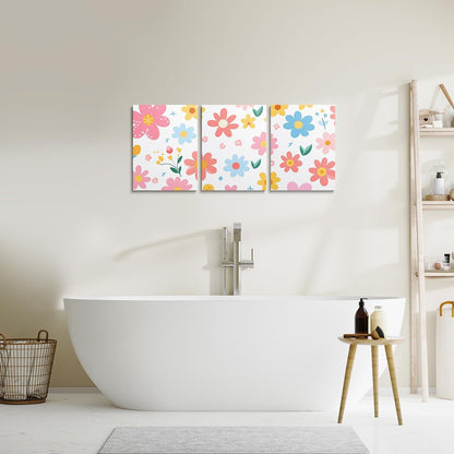 Feelyou Cute Flower 3 Piece Canvas Wall Art for Living Room Bedroom Cartoon Cute Floral Office Decor Artwork Yellow Pink Wall Art for Home Decor Kawaii Picture Posters