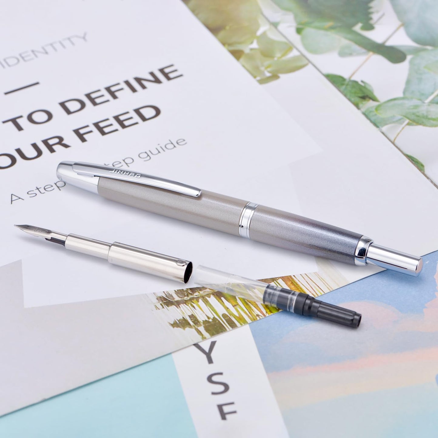 Jinhao 10 Press Fountain Pen with Box, Gradient Gray Retractable Extra Fine Nib with Ink Converter Set (Silver Clip)
