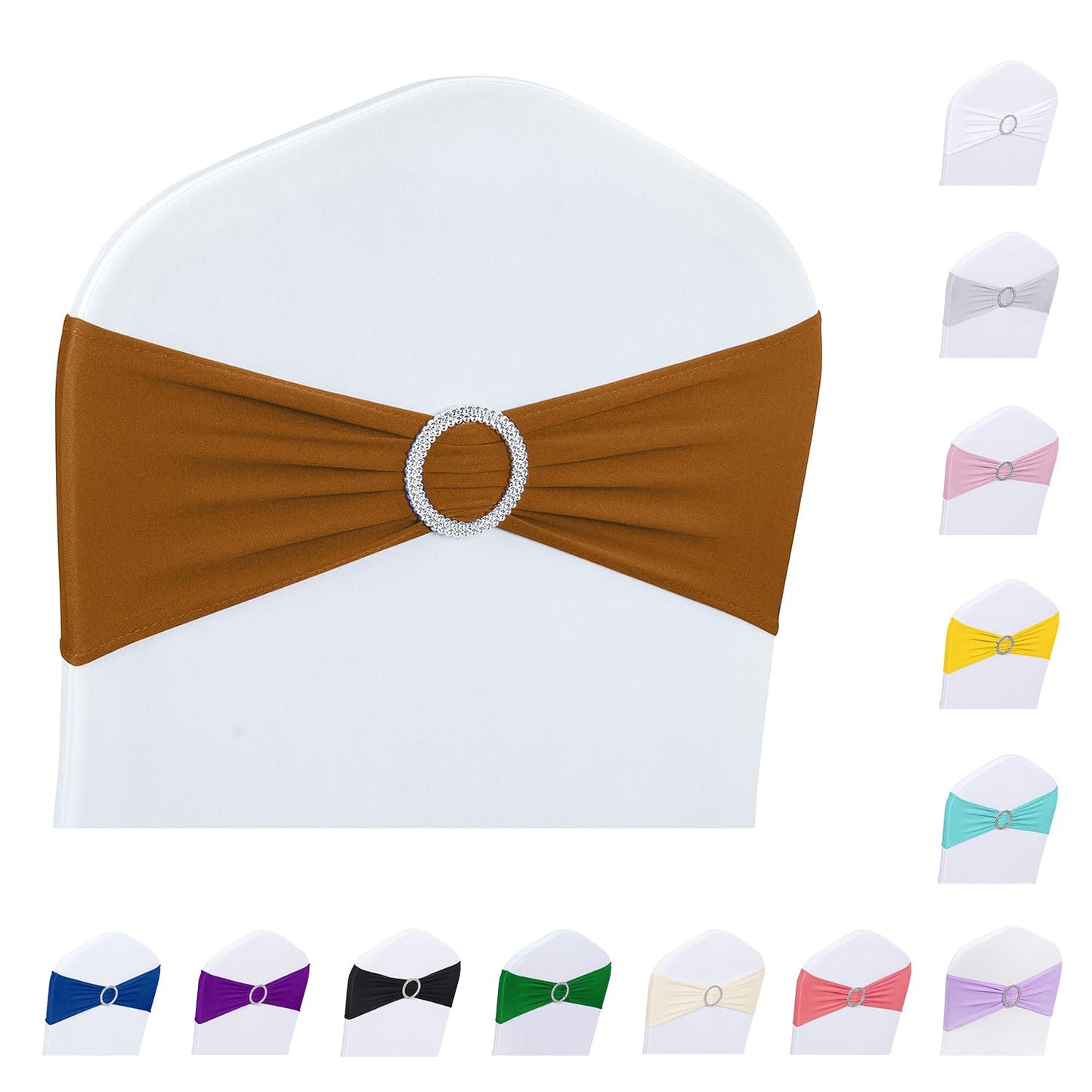 ManMengJi 25PCS Chair Sashes, Spandex Sashes Bows Brown, Chair Cover Bands with Buckle Slider for Banquet, Party, Hotel Event Decorations