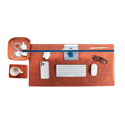 VENITO Leather 3-in-1 Desk Mat Set – Desk Mat (32"x16"), Organizer Tray & Cup Coaster – Full-Grain Leather Desk Pad for Office & Home – Elegant Workspace Accessories for Men & Women, Cinnamon