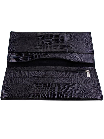 Genuine leather banknote wallet Travel black lizard (leather, durable stitching, folds in half, holds 4 cards, coin pocket, flat banknote compartment)