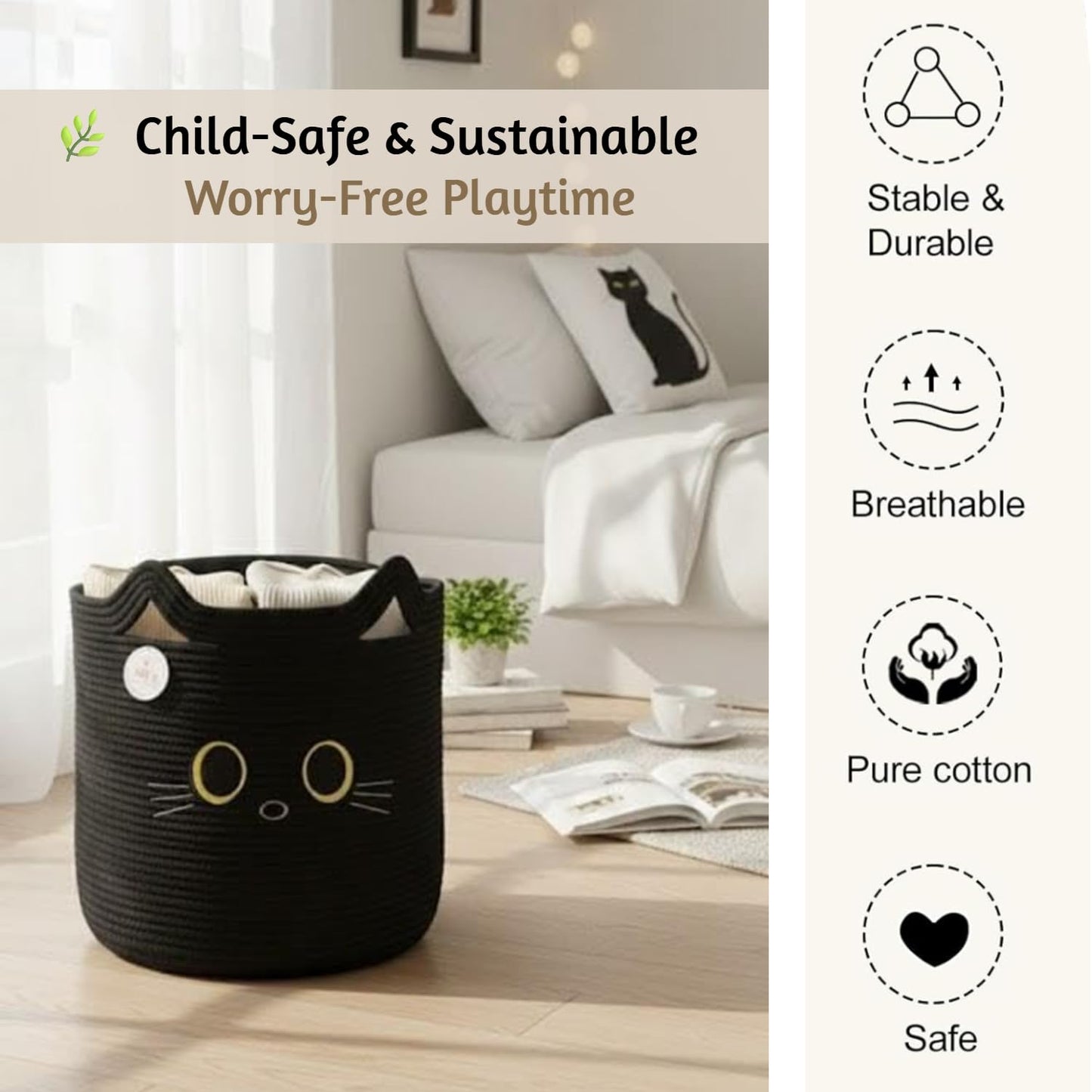 Nursery Storage Basket, 25L Large Woven Cotton Rope Baby Bin, Black Cat Design, Cutout Handles, Foldable, Washable, & Baby-Safe Organization for Kids Toy, Stuffed Animals, Laundry Hamper (Black Cat)