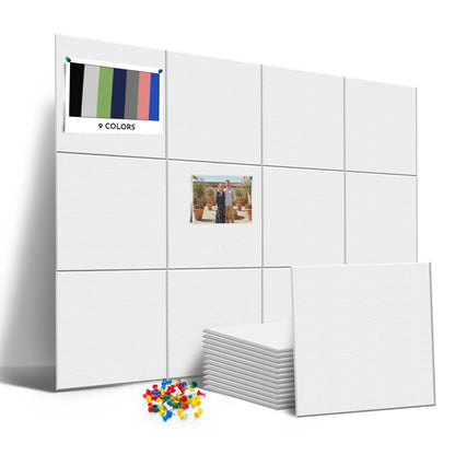 MISSDAY White Acoustic Wall Panel Felt Bulletin Board 48" x 36" Cork Board for Wall, 12-Pack Boards with 72 Removable Adhesive Tabs, 50 Pins, Pin Board for Home Office Classroom Soundproof Wall Tile
