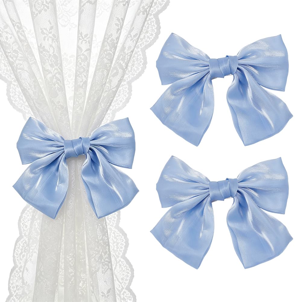 EVERJOYCRAFT 2pcs Bow Curtain Tiebacks Clip French Silky Curtain Holdbacks Elegant Lace Ribbon Tie Backs Drapery Clip for Home Bedroom Offices Dining Rooms Wedding Party Decoration (Blue)