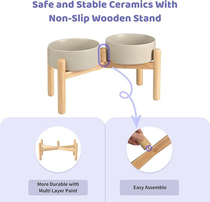 SPUNKYJUNKY Ceramics Elevated Dog Bowls with Wooden Stand - Raised Dog Bowl for Medium Large Dogs - Double 60OZ Bowls, Grey