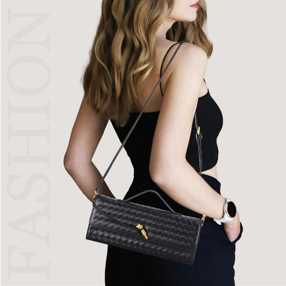 EGCUQ Pu Leather Woven Bag Purse,Black Clutch, Woven Evening Bag For Women 11.8" x 1.7" x 4.9" (Black)
