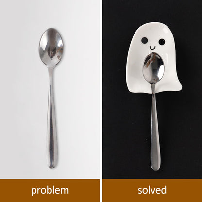 Whaline 4Pcs 2.8inch Mini Ceramic Spoon Rests White Ghost Small Coffee Spoon Holder for Halloween Coffee Stirrers Teaspoon Bar Spoon Coffee Station Bar Accessories