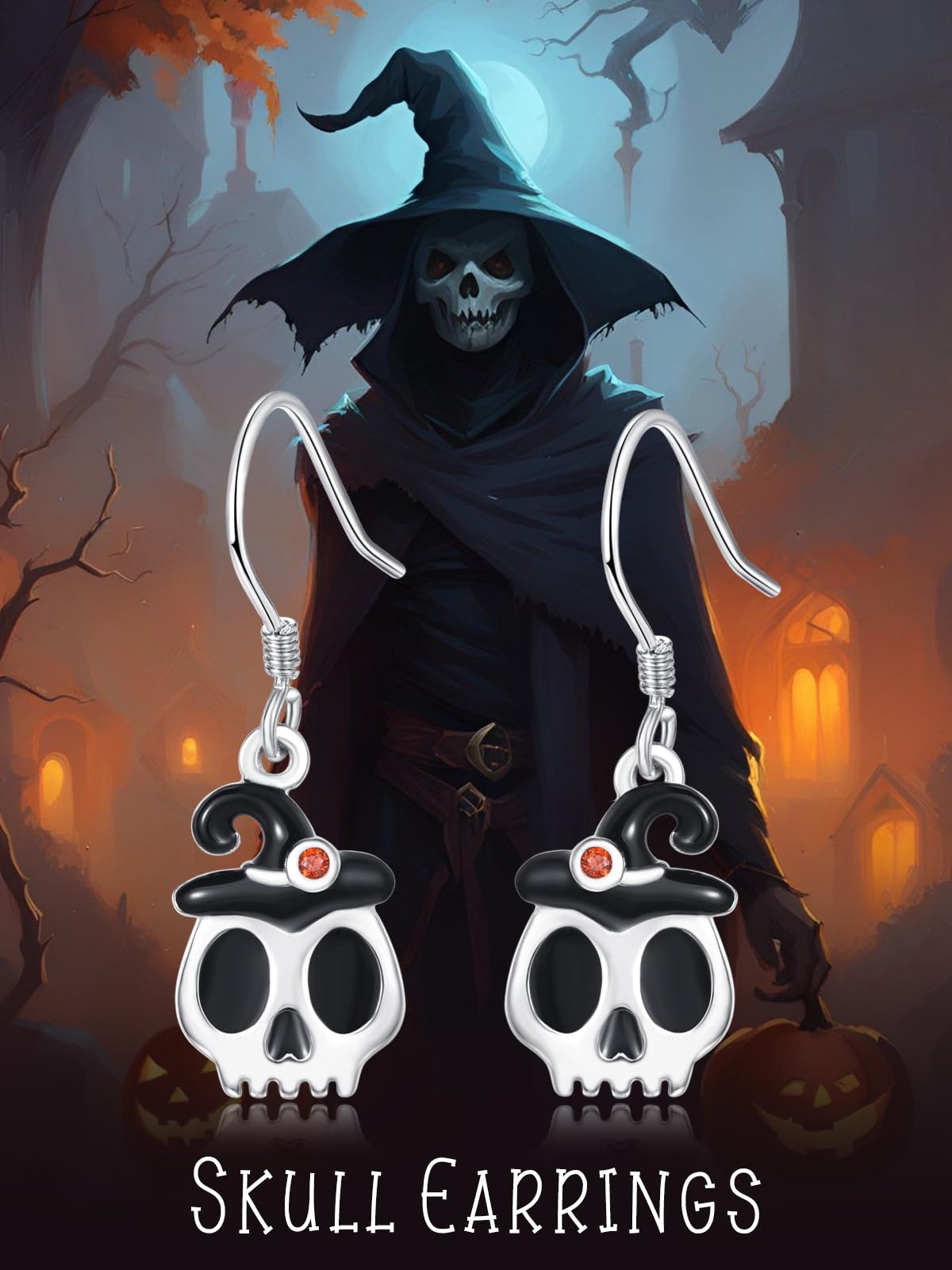 KINGWHYTE Skull Earrings 925 Sterling Silver Gothic Spooky Halloween Earrings Dangle Skull Earrings with Hat Halloween Jewelry Gifts for Women
