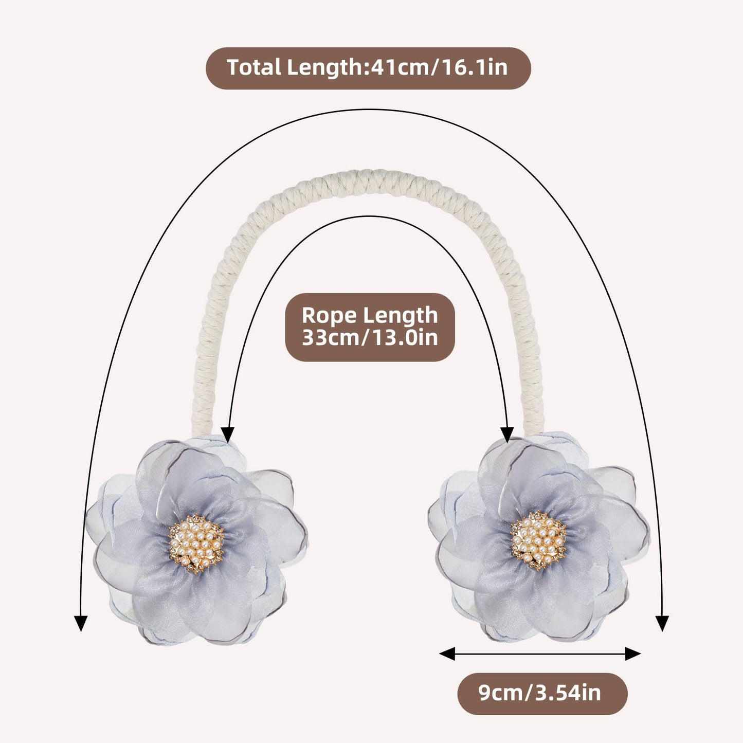 AULEEP 2 Pack Flower Curtain Tiebacks, No Drill Curtain Tie Backs for Drapes, Premium Fabric Curtain Ties, Decorative Curtain Hoodbacks for Home Living Room Bedroom Office, Light Gray