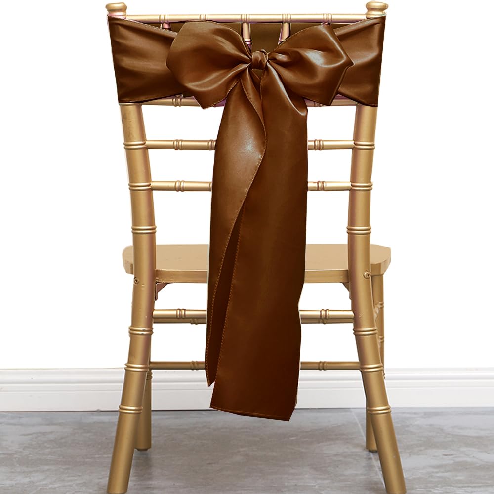 JFDYDM 50 Pack Satin Brown Chair Sashes Bows for Thanksgiving Halloween Autumn Wedding Birthday Party Deocrations, Brown Sashes for Chair Covers Folding Chairs Chiavari Chairs Decorations
