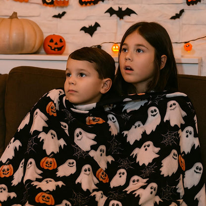 Halloween Fleece Throw Blanket: Jack O Lantern Pumpkins White Ghosts and Spiderwebs on Soft Black Velvet for Sofa, Couch, Chairs and Bed, 50" x 70"