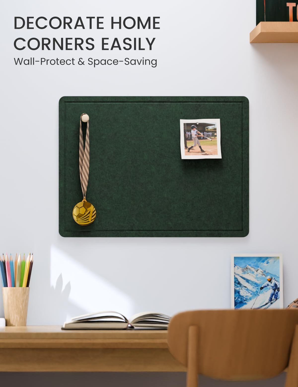 Fluxynara Bulletin Board, 23.6" x 17.5" Cork Board Alternative with 12 Safe Removable Adhesive Tabs, Foldable Felt Pin Board for Home Office, Classroom, Bedroom,Entryway for Walls—Pine Green