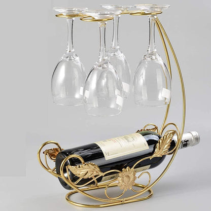 Homya Tabletop Wine Rack, Holds 4 Wine Glasses + 1 Bottle, Gold