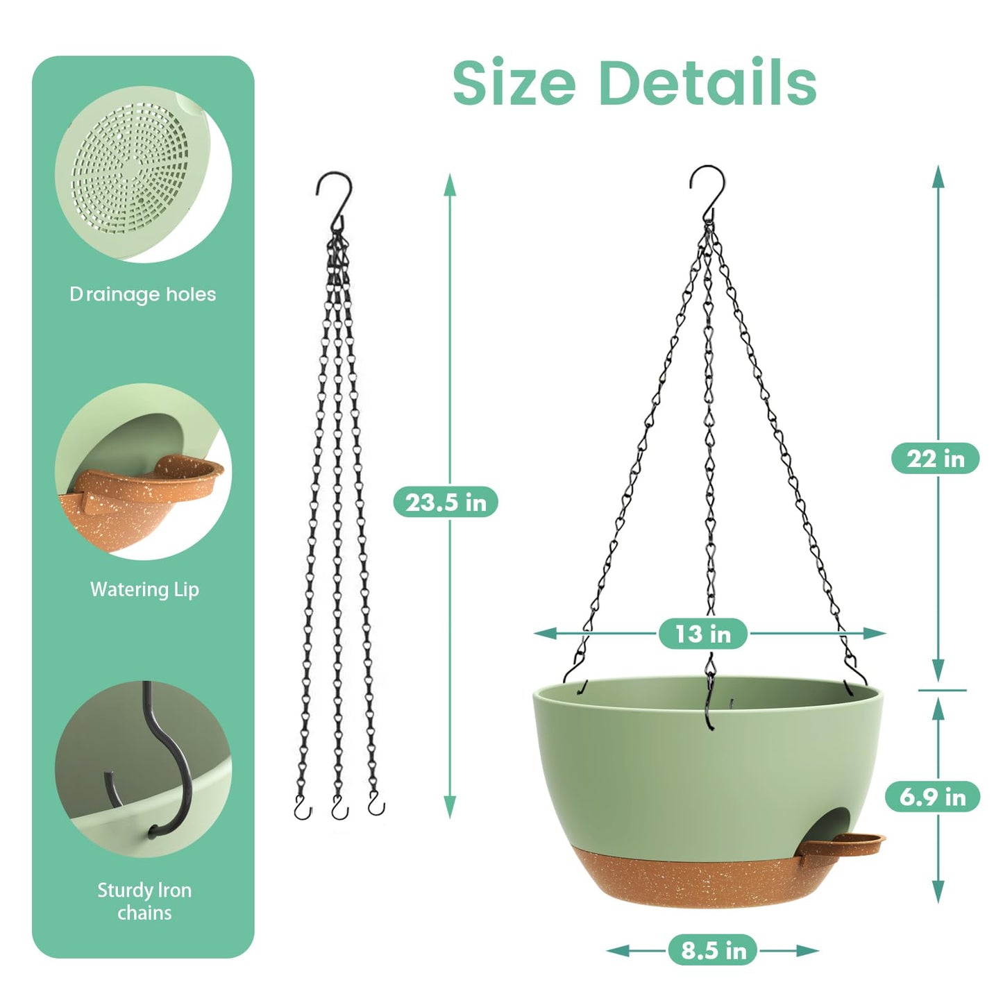 UOUZ 13 Inch 2 Pack Large Self Watering Hanging Planters for Indoor Outdoor Plants, Hanging Plant Pots with Removable 50 Oz Reservoir, Plastic Hanging Basket for Window Porch Garden, Green with Brown