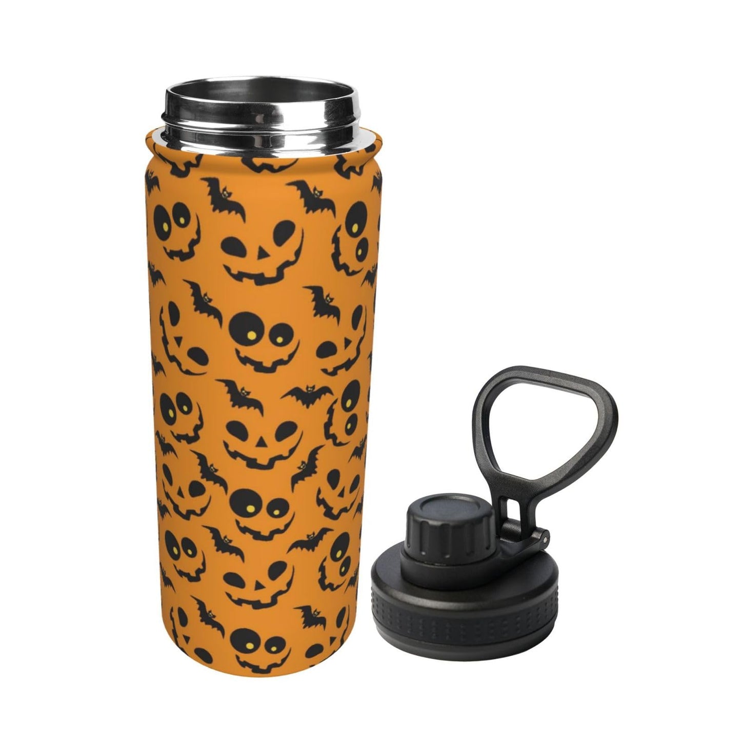 SOUWEWU 18oz Halloween Pattern Sports Water Kettle with Handle, Double Wall Vacuum Insulated Hot and Cold Scary Bat Tumbler, Halloween Print Water Bottle for Gym Outdoor
