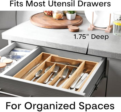 HIC Kitchen Expandable 6-Slot Silverware Cutlery Utensil Storage Tray, Natural Bamboo, Opens to 14-Inches