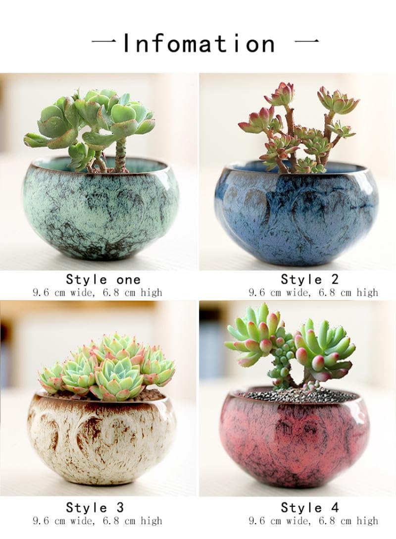 Rkrouco Ceramic Plants Pots 3 Inch Set of 4 Flower Pots with Drainage and Bamboo Tray for Indoor/Outdoor Small House Plants,Foliage Plant