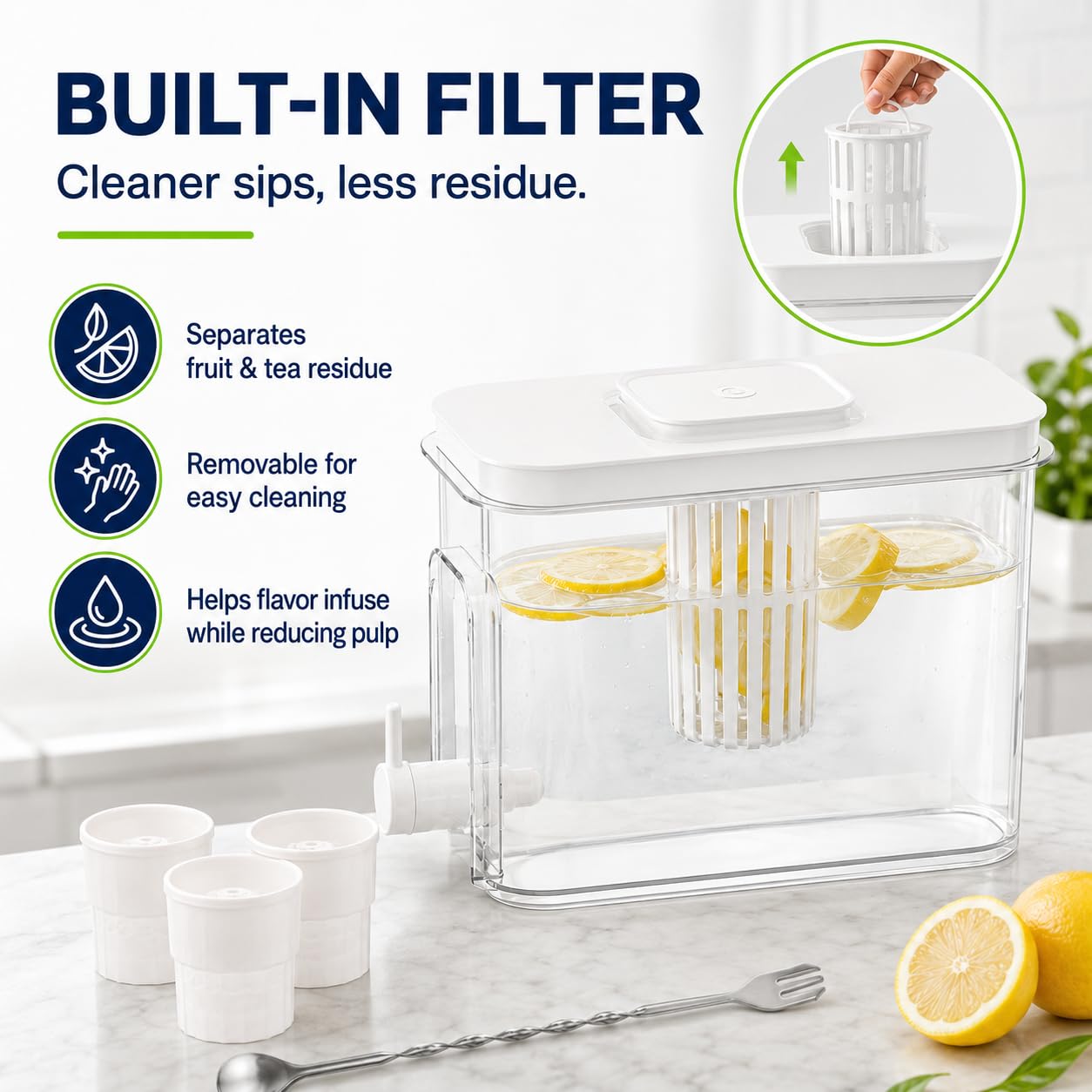 1.1 Gallon Beverage Dispenser with Spigot - BPA-Free Water Jug for Refrigerator, Includes 3 Ice Ball Molds & Bar Spoon - Leak-Proof Drink Container for Party, Iced Tea - White 5-Piece Set
