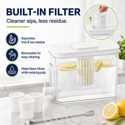 1.1 Gallon Beverage Dispenser with Spigot - BPA-Free Water Jug for Refrigerator, Includes 3 Ice Ball Molds & Bar Spoon - Leak-Proof Drink Container for Party, Iced Tea - White 5-Piece Set