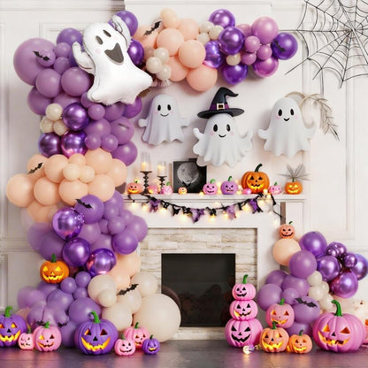 Halloween Balloons Garland Kit, 111 PC Purple Nude Cream Balloons with Cute Ghosts & 3D Bats, Beige & Metallic Purple for Girls' Party Decorations