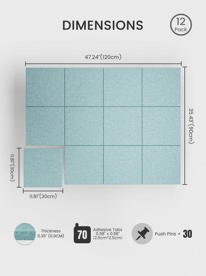 Bumusty Large Cork Board 48" x 36" Alternative - 12 Pack Felt Wall Tiles with 70 Safe Removable Adhesive Tabs, 30 Pushpins, Cork Boards for Walls Pin Board Bulletin Board Office Decor (Aqua Blue)