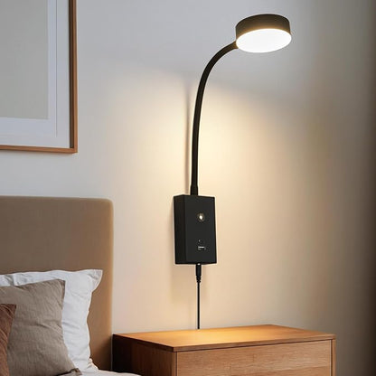 LED Wall Mounted Reading Light for Bed, Flexible Gooseneck Book Light for Wall Bedside Lamp with USB-A/C Output,Touch Control 5 Dimmable Headboard Bed Lights