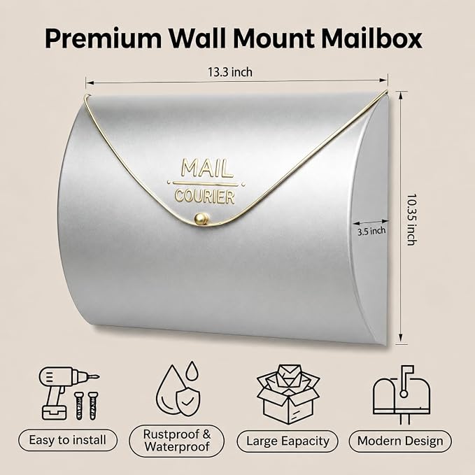 Metallic Silver Wall Mount Mailbox for Outside,Waterproof Metal Mailboxes with Rust-Proof Galvanized Steel,Large Capacity Envelope Mailbox for House,12.99 x 10.35 x 3.5 Inch
