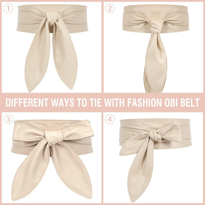 ChinEluviis Womens Obi Belt Fashion Leather Wrap Wide Cinch Belt Corset Tie Waistband for Dress Beige L