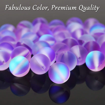 Matte Purple Aurora Crystal Glass Beads, 10MM Frosted Glitter Shining Mermaid Round Loose Beads, Rainbow Holographic Synthetic Moonstone for Jewelry Making DIY Bracelet